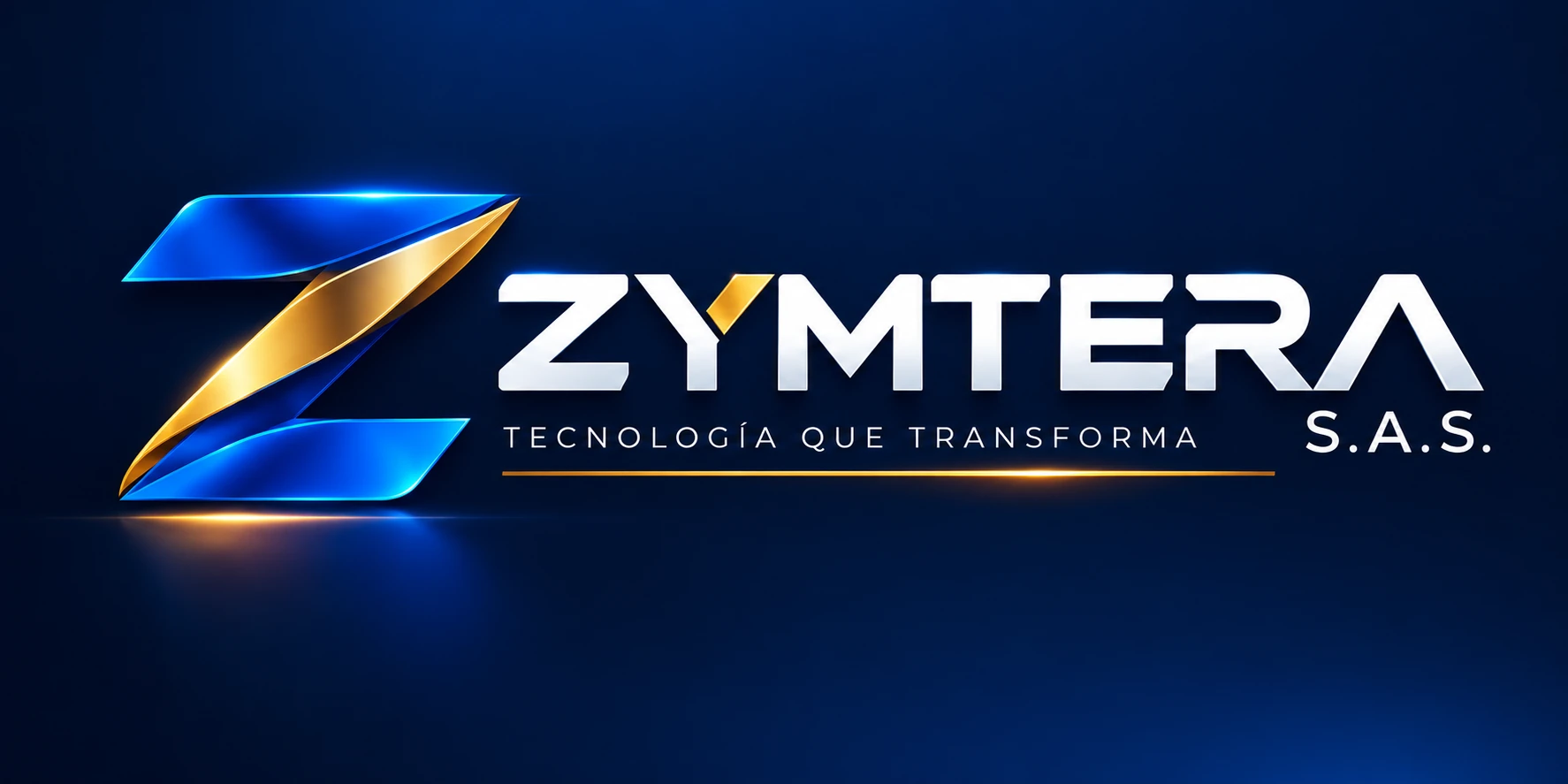 Logotipo de ZYMTERA S.A.S., azul y dorado: Tecnología que transforma